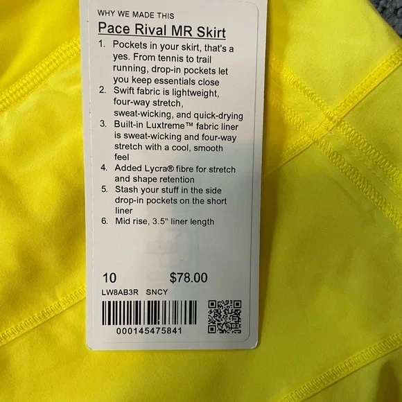 #086, Lululemon Pace Rival mid-rise skirt. Bright yellow, NWT, size 10 - Picture 4 of 5